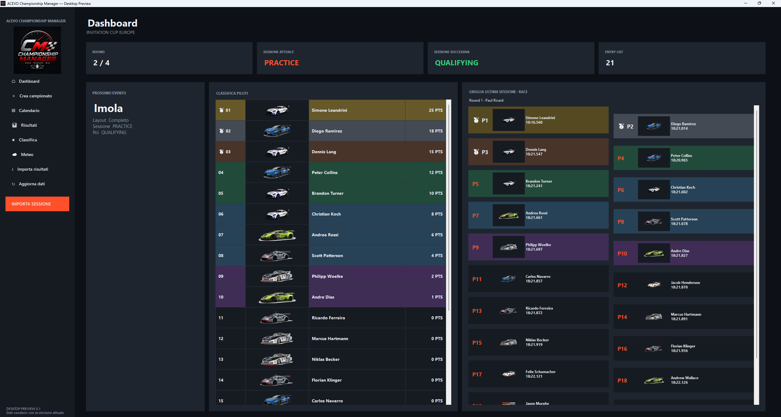 Dashboard di AC EVO Championship Manager