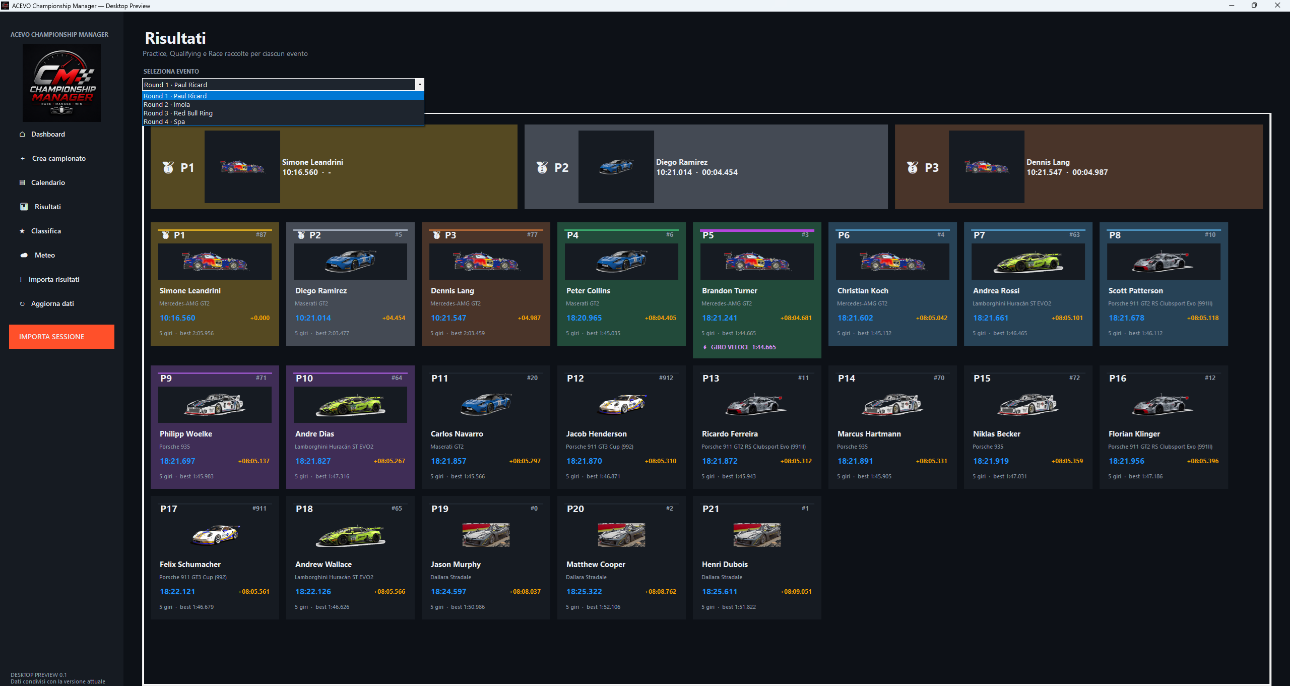 Storico per evento in AC EVO Championship Manager