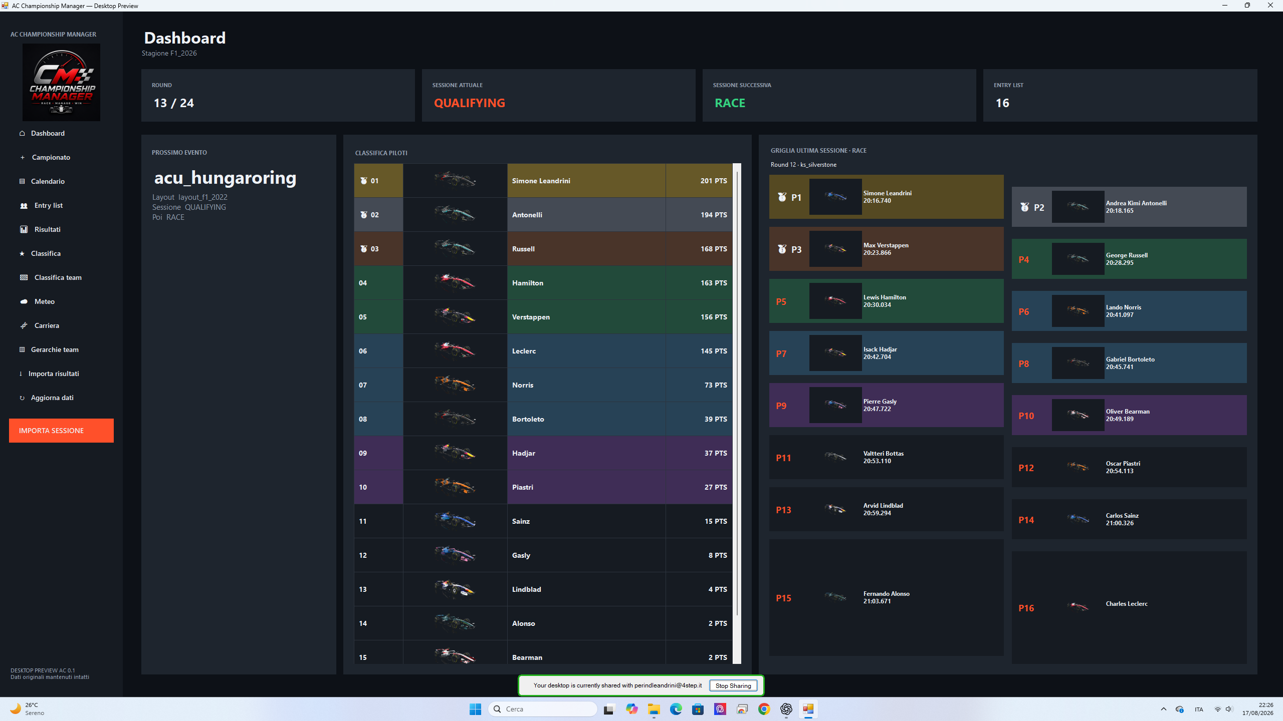 Dashboard della versione desktop di AC Championship Manager