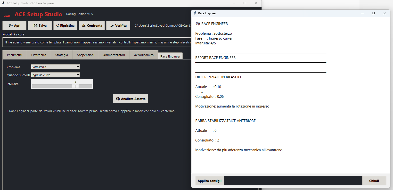 Report del Race Engineer di ACE Setup Studio