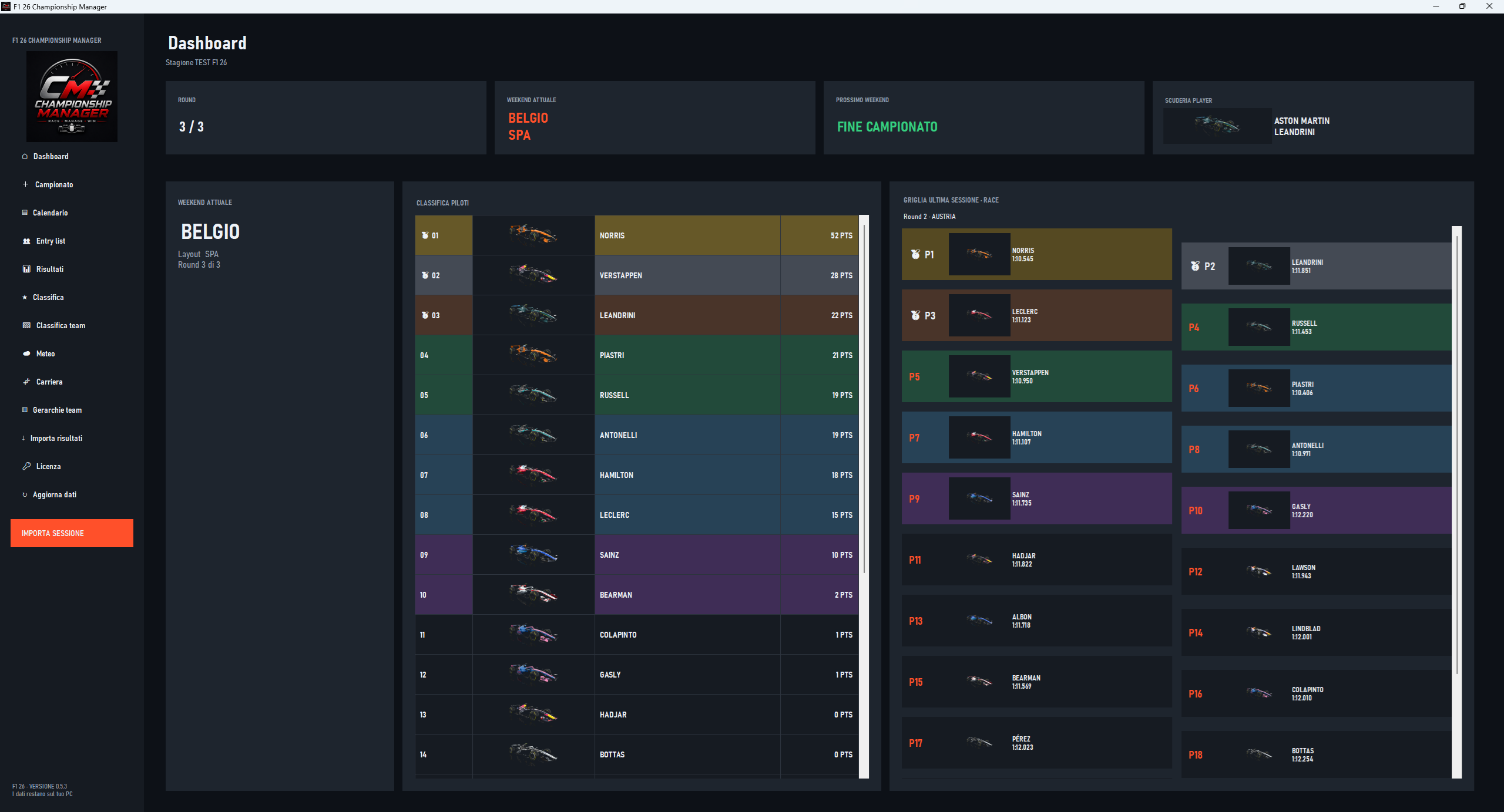 Dashboard di F1 26 Championship Manager